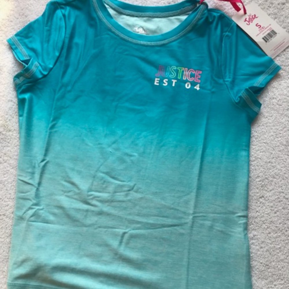 Justice Girls NWT active wear t-shirt aqua size Small 7/8